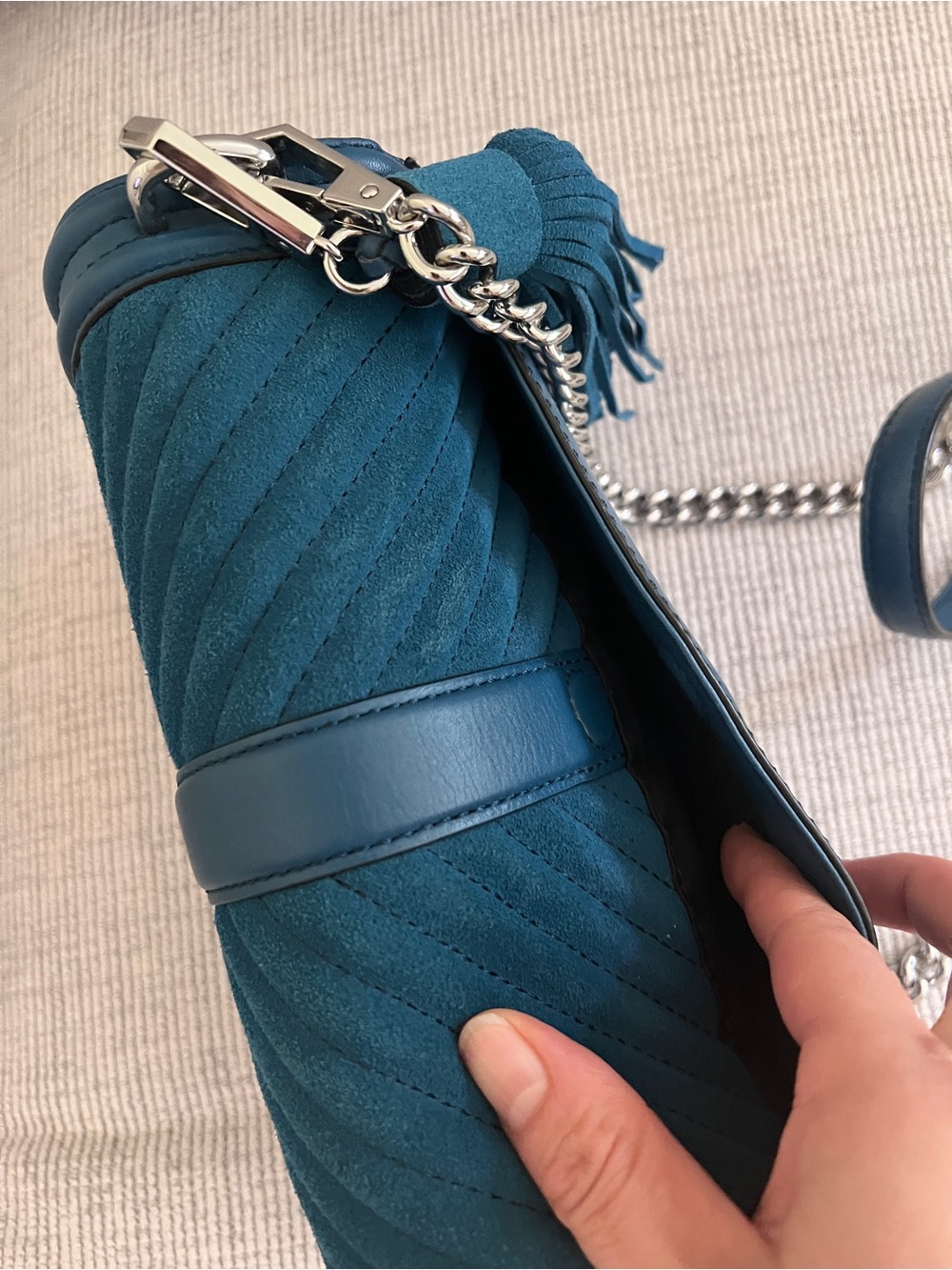 Rebecca Minkoff Love Teal Blue Quilted Suede Chain Crossbody Bag - Picture 3 of 7